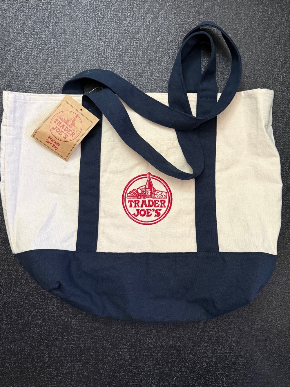 Trader Joe's Navy and Cream Logo Canvas Tote